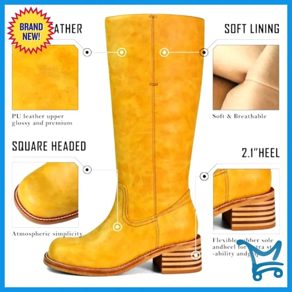 Knee High Square Toe Block Heel Faux Leather Boots Pull On
